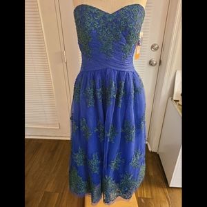 NWT Sz 12 stunning Monique Lhuillier blue lace/tulle gown with green applique